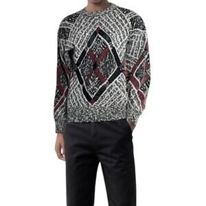 JT Bechket Mens Vintage Gray Burgundy Black Long Sleeve Sweater Size Large
